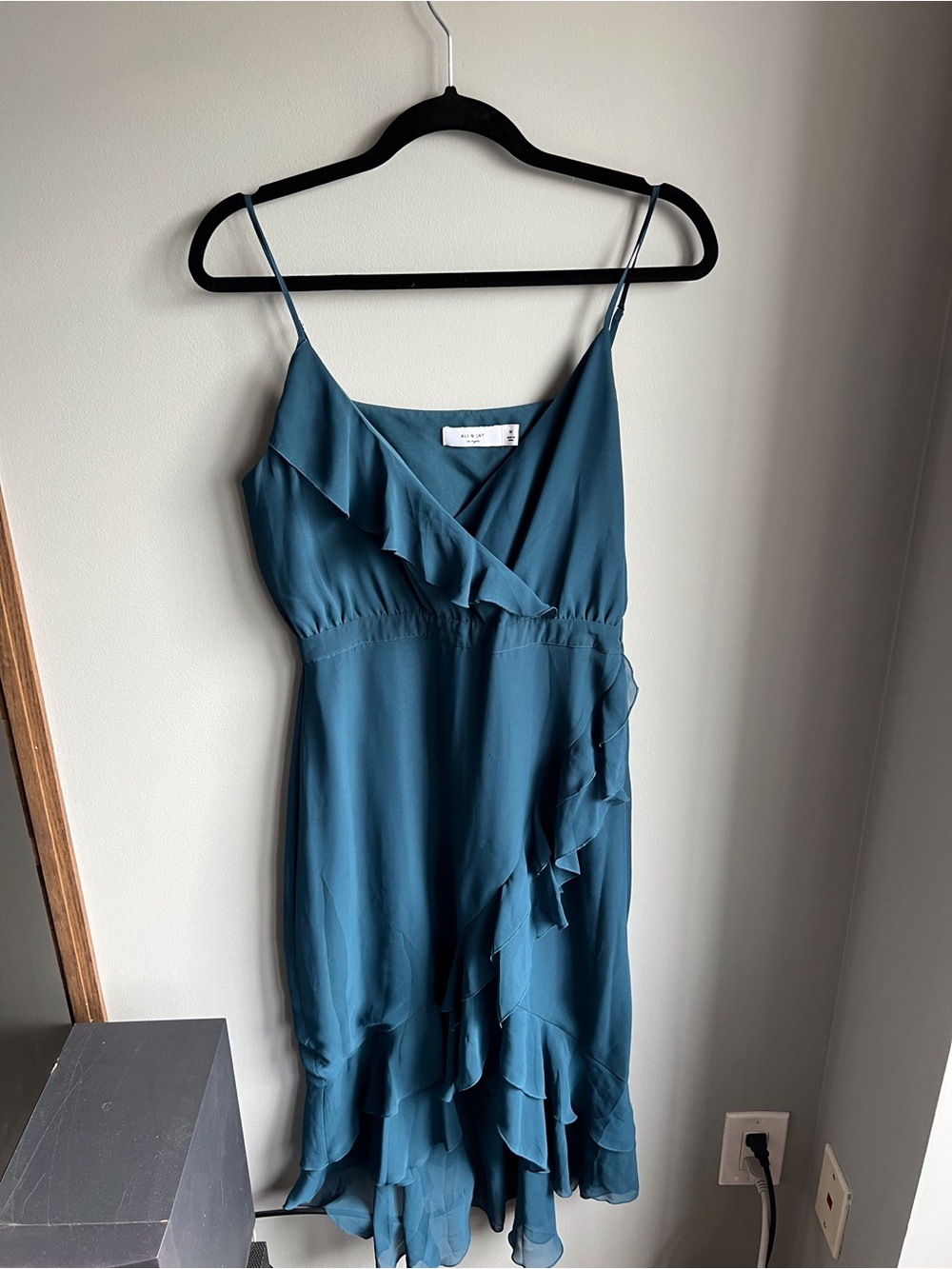 ALI & JAY Teal Ruffle Wrap-Style Midi Dress